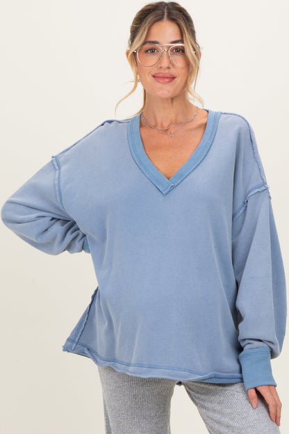 Blue Mineral Washed French Terry Oversized Maternity Sweatshirt