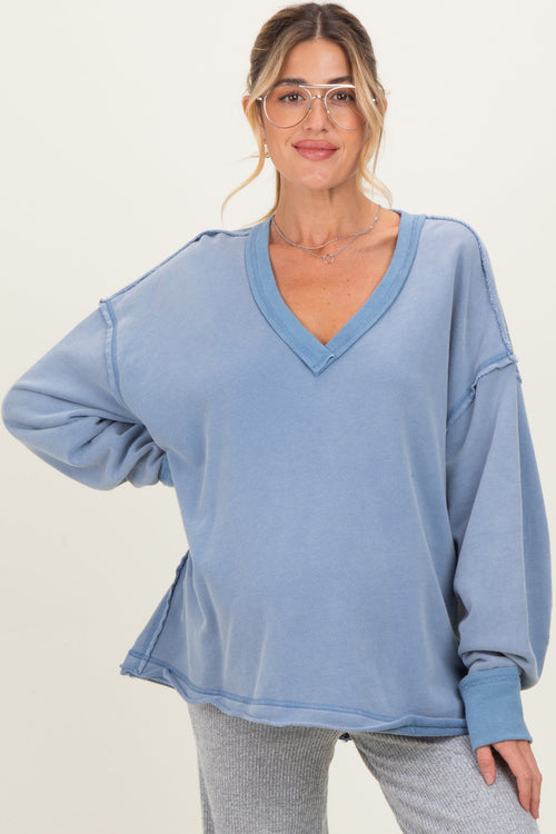 Blue Mineral Washed French Terry Oversized Maternity Sweatshirt