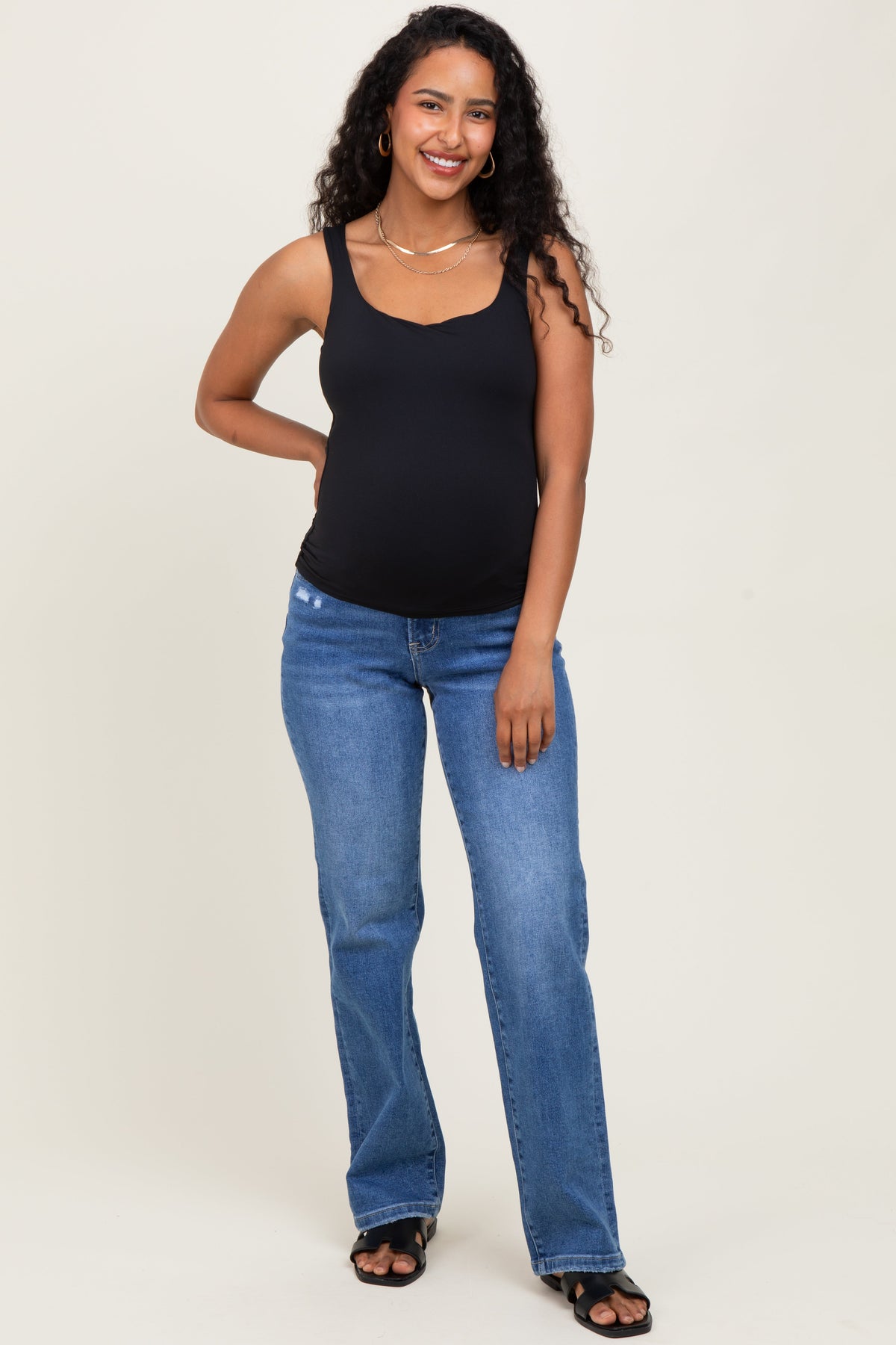 Blue  Mid Rise Full Length Straight Leg Maternity Jeans