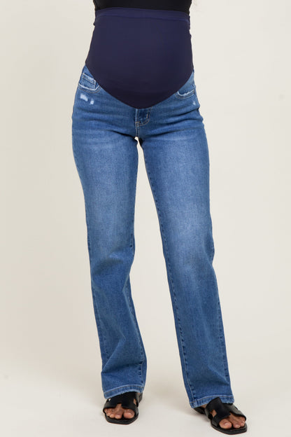 Blue  Mid Rise Full Length Straight Leg Maternity Jeans