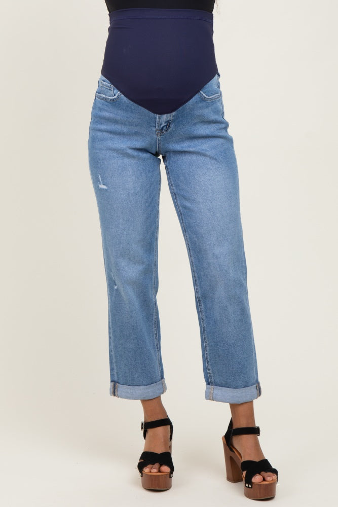 Blue High Rise Cuffed Boyfriend Maternity Jeans