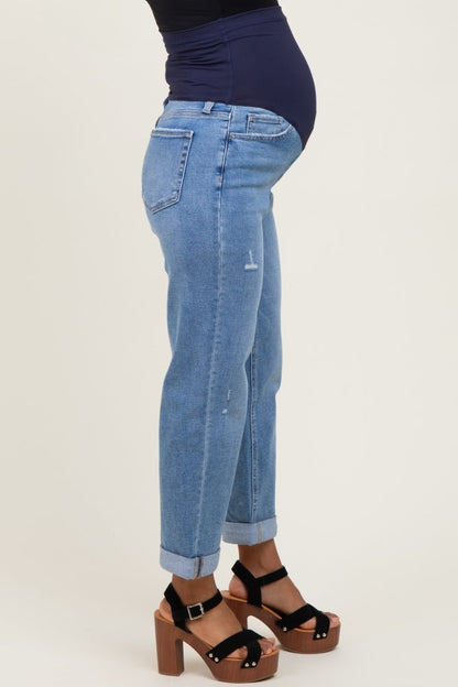 Blue High Rise Cuffed Boyfriend Maternity Jeans
