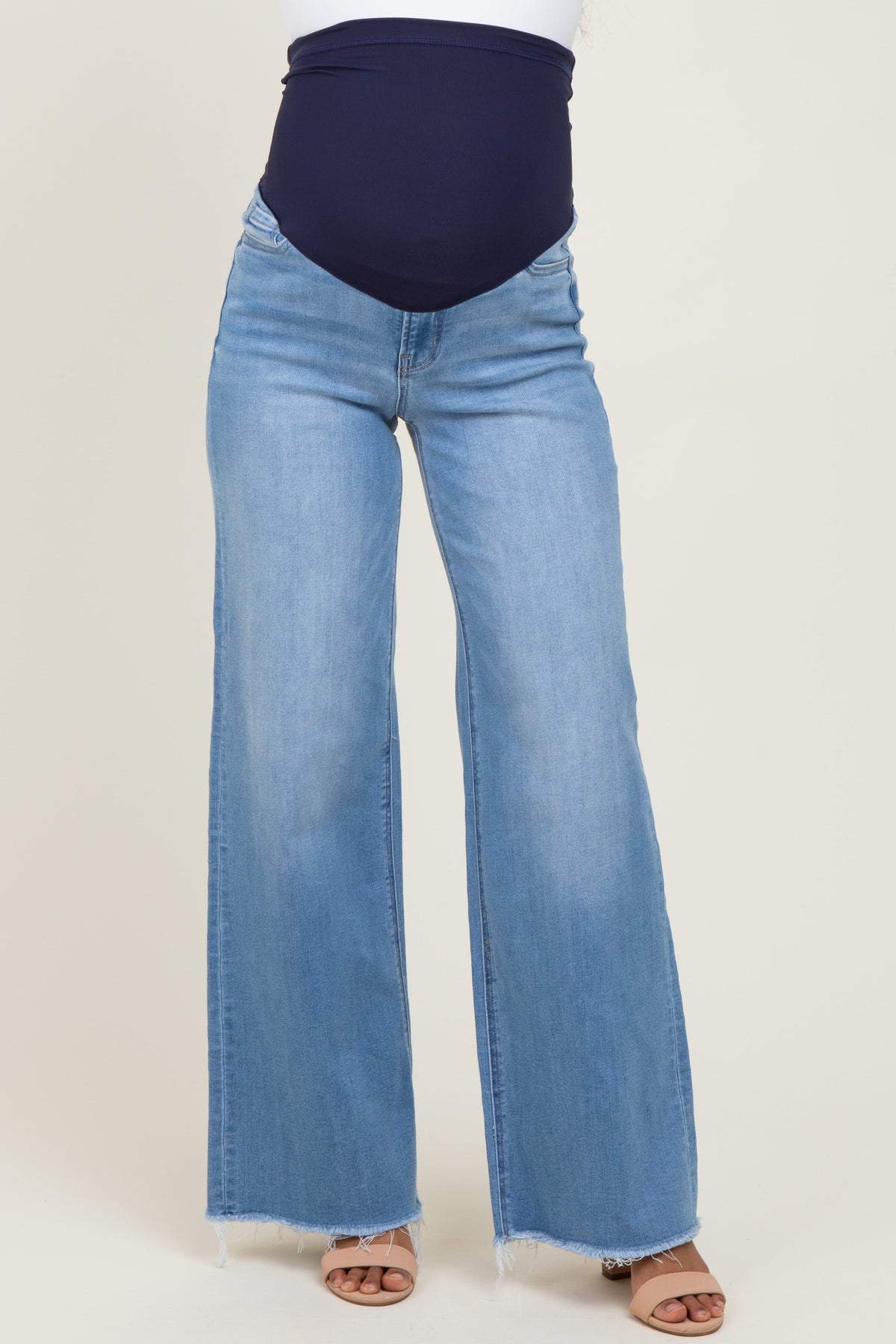 Medium Blue High Rise Frayed Hem Wide Leg Maternity Jeans
