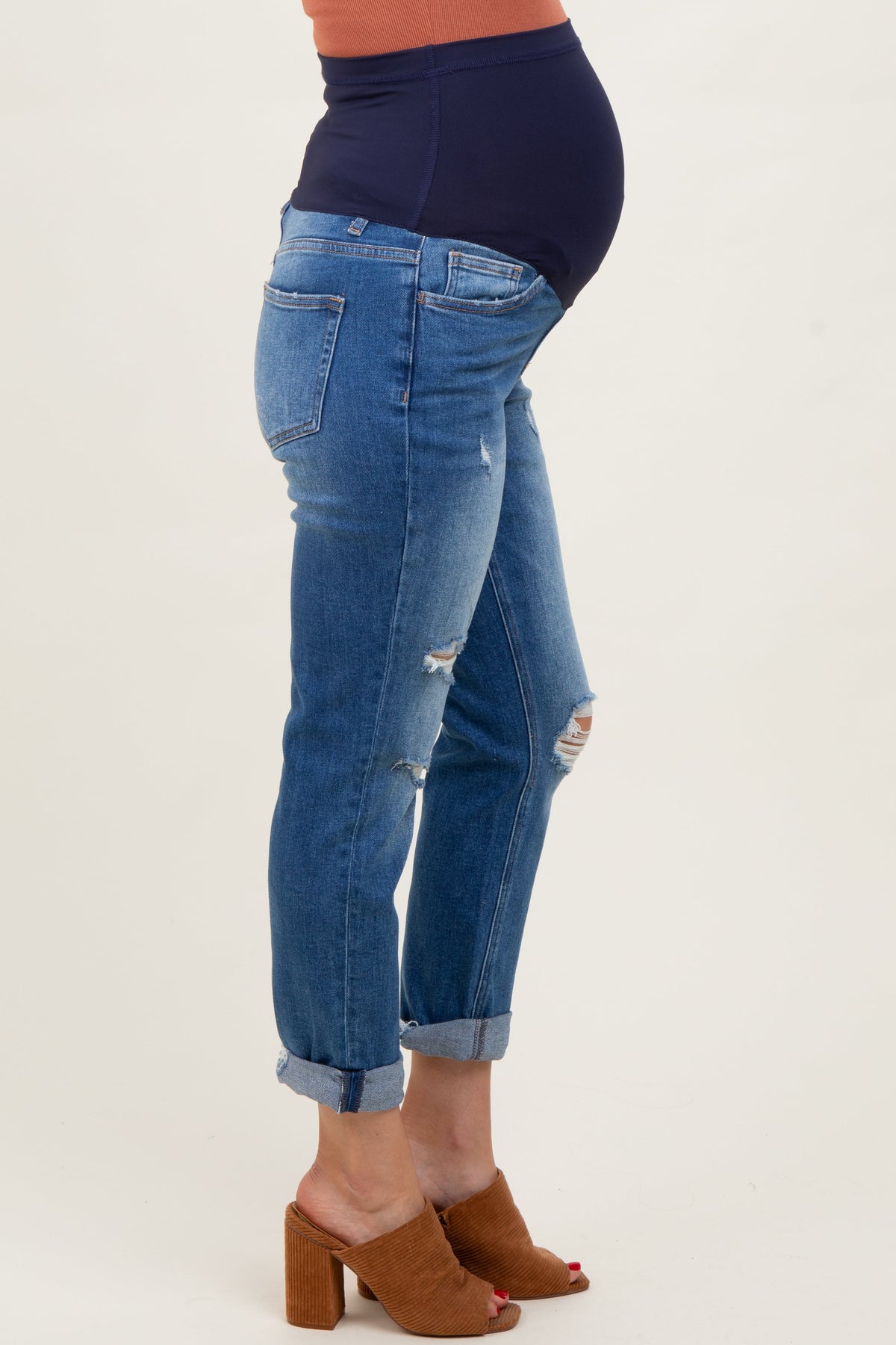 Blue High Rise Distressed Cuffed Boyfriend Maternity Jeans