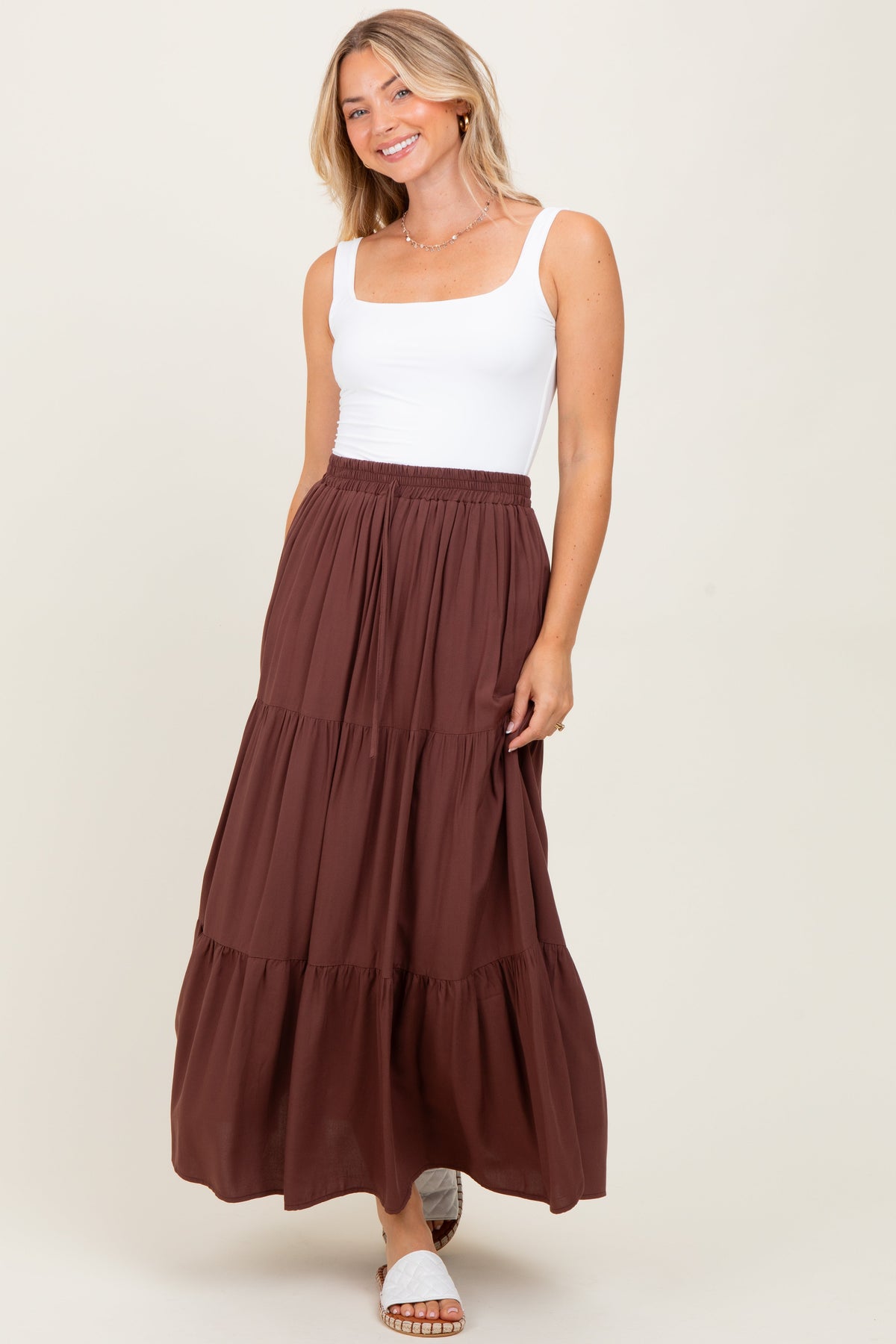 Brown Drawstring Tiered Maternity Maxi Skirt
