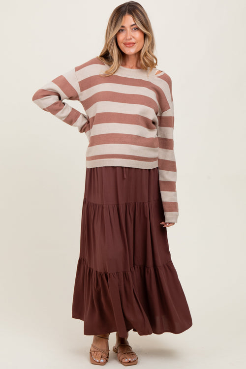 Brown Drawstring Tiered Maternity Maxi Skirt