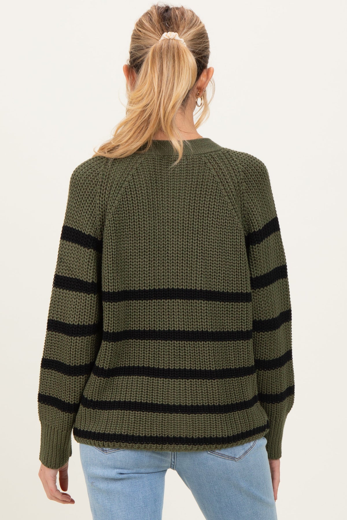 Olive Striped Chunky Knit Maternity Button Cardigan
