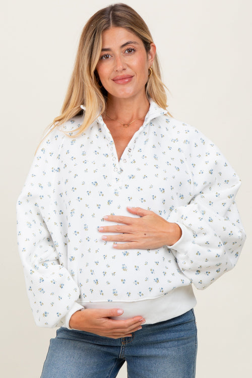 Ivory Floral Bubble Sleeve Snap Collar Maternity Sweatshirt