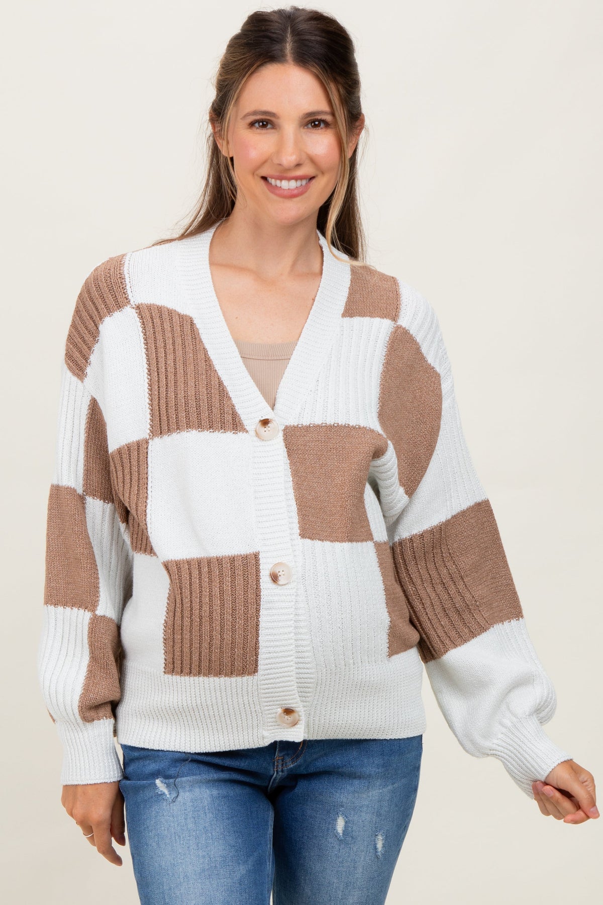 Mocha Checkered Rib Bubble Sleeve Button Maternity Cardigan
