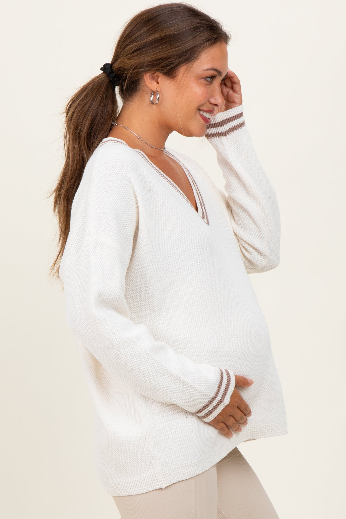 Ivory Deep V-Neck Border Stripe Maternity Sweater