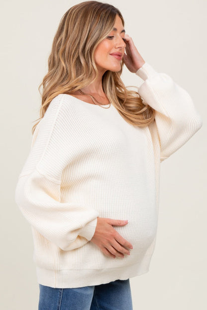 Cream Balloon Sleeve Boat Neck Knit Maternity Sweater
