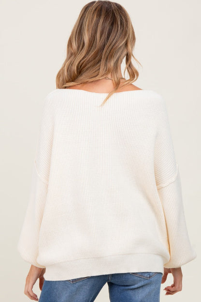 Cream Balloon Sleeve Boat Neck Knit Maternity Sweater
