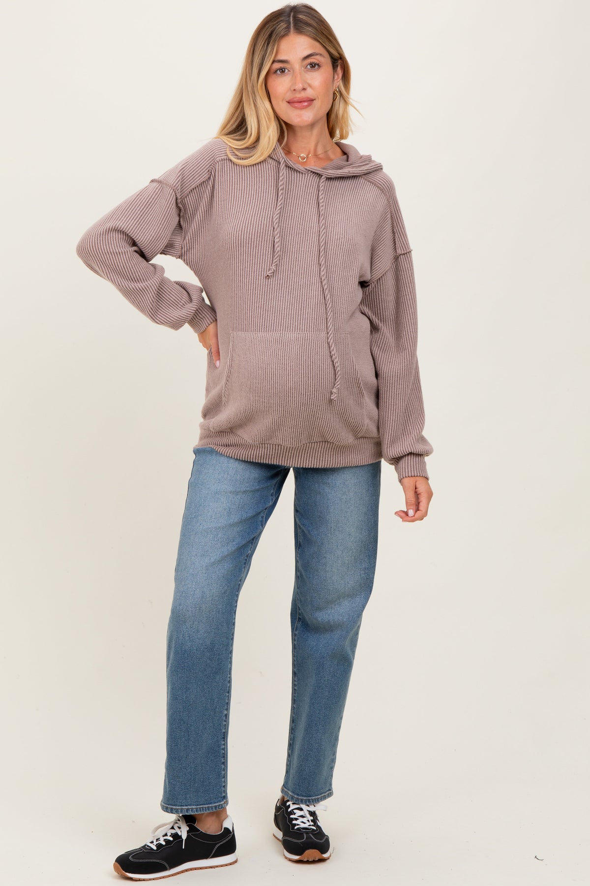 Mocha Long Sleeve Brushed Urban Rib Maternity Hoodie Top