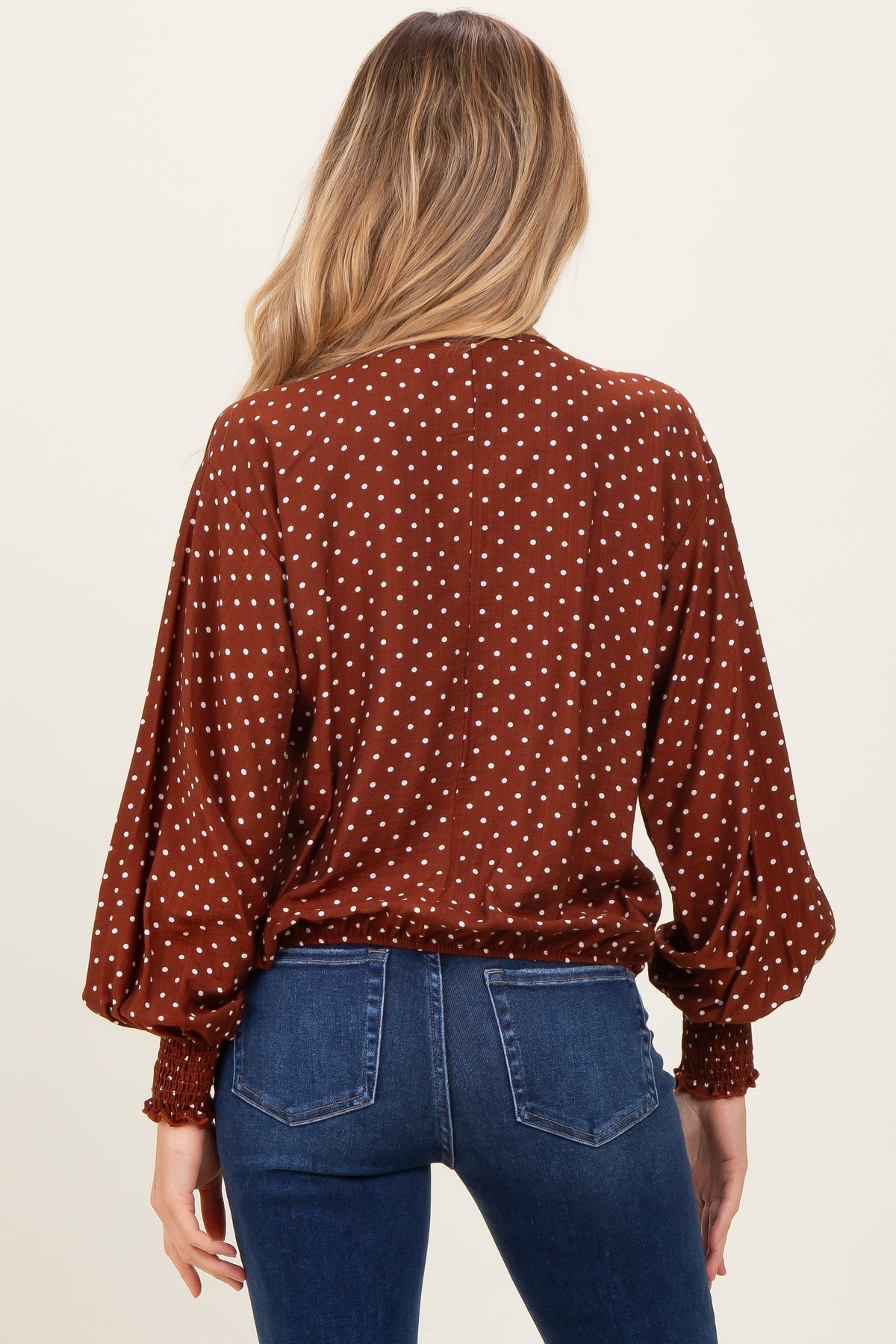 Brown Polka Dot Long Sleeve Smocked Maternity Top