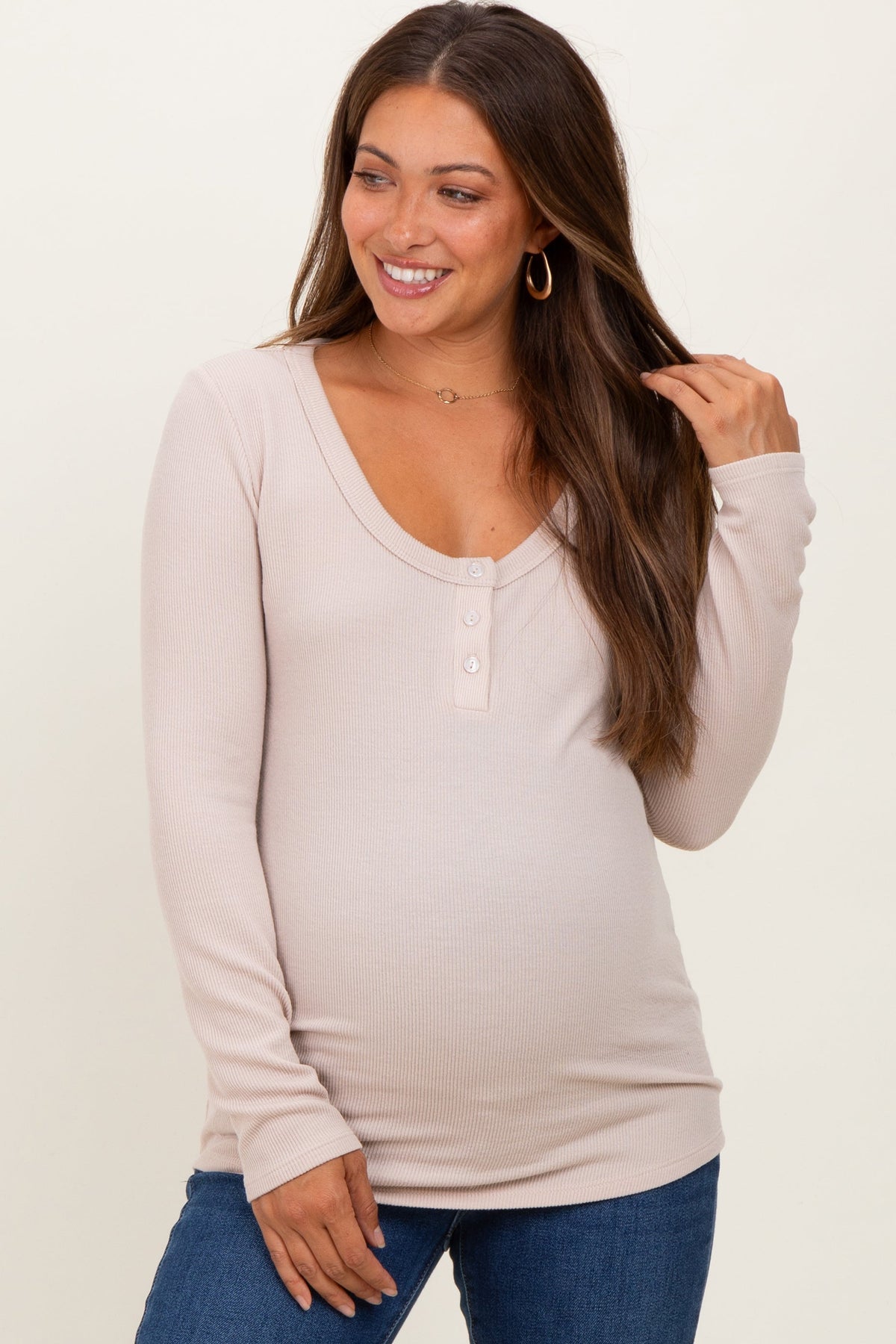 Taupe Ribbed Long Sleeve Maternity Henley Top