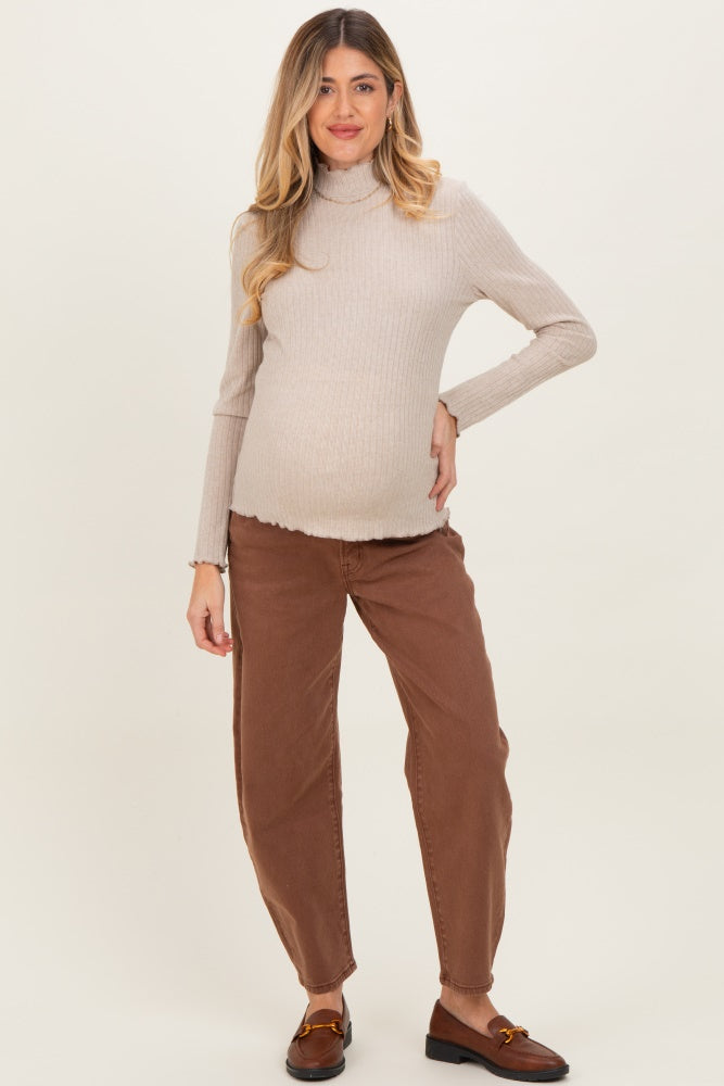 Brown Ankle Barrel Leg Maternity Jeans