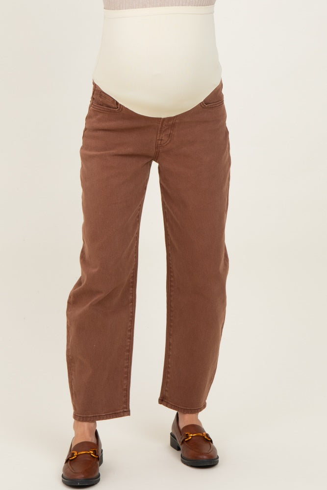 Brown Ankle Barrel Leg Maternity Jeans
