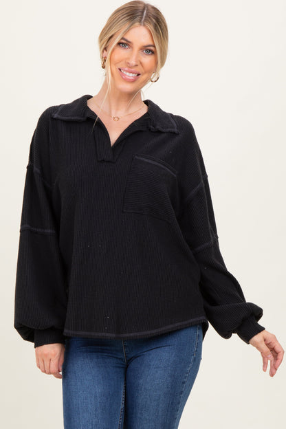 Black Solid Ribbed Long Sleeve Pocketed Collared V-Neck Maternity Top