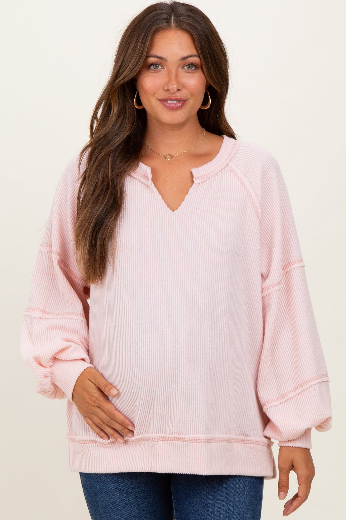 Light Pink Solid Rib Long Sleeve V-Neck Oversized Maternity Tunic Top