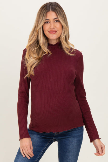 Burgundy Ribbed Mock Neck Ruffle Hem Maternity Long Sleeve Top