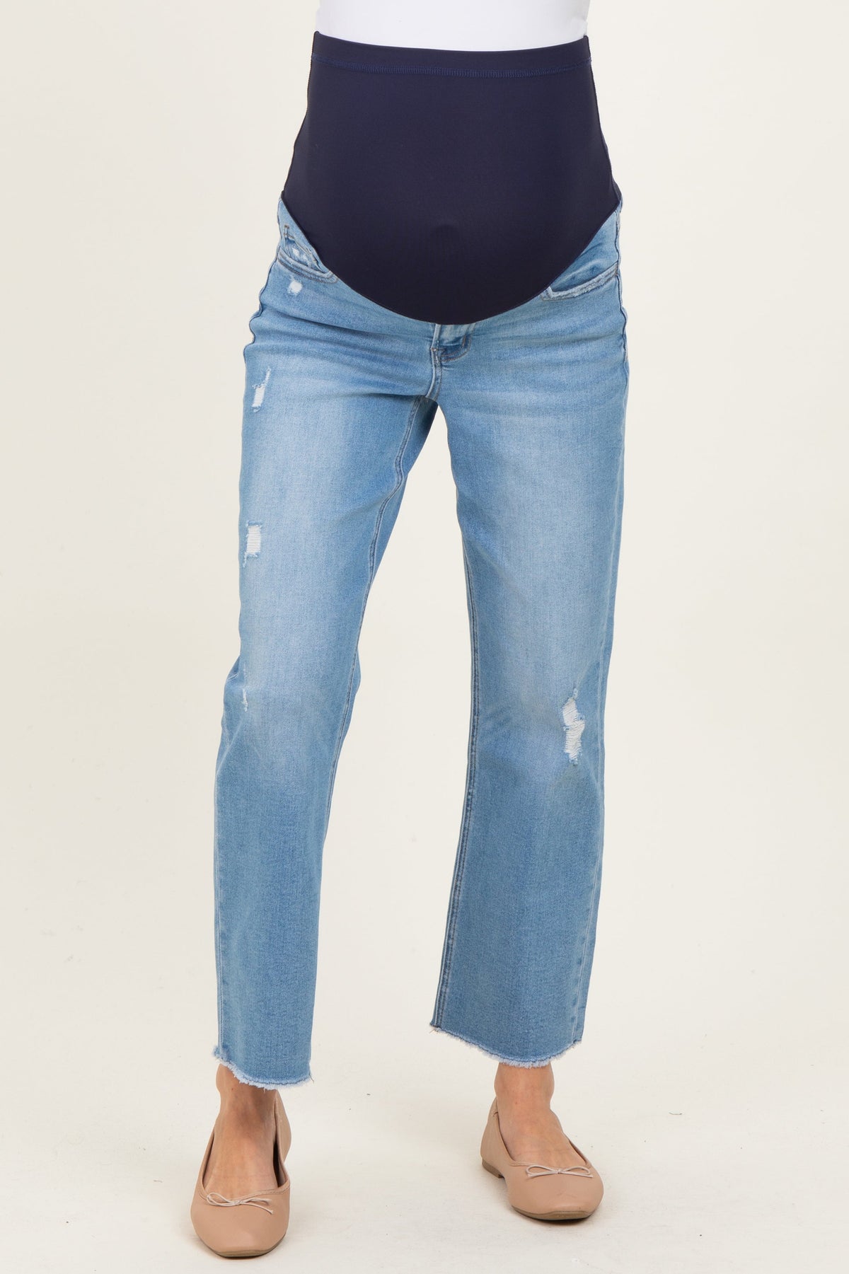 Blue Distressed Raw Hem Cropped Straight Leg Maternity Jeans