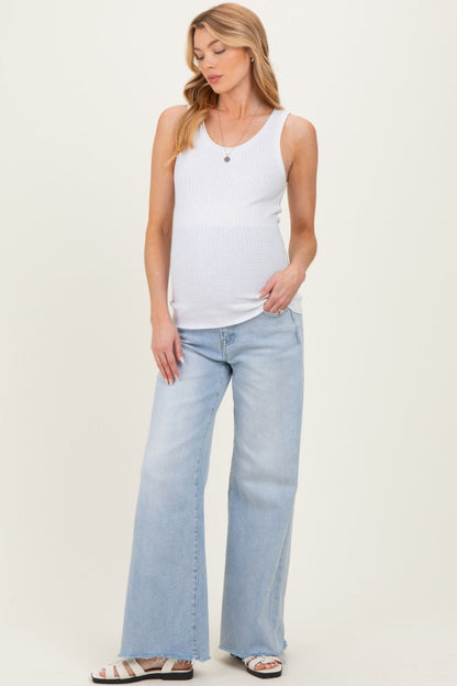 Light Blue Raw Hem Super Wide Leg Maternity Jeans
