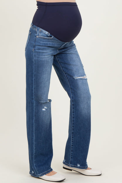 Navy Distressed Open Knee Straight Leg Maternity Jeans