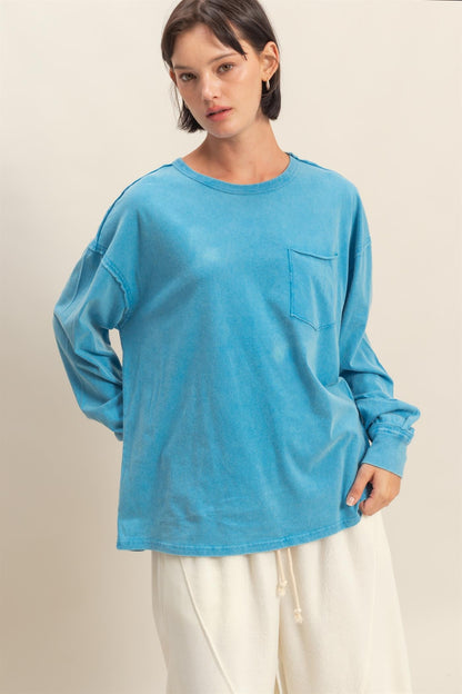 Aqua Oversized Washed Long Sleeve Pocket Maternity Top