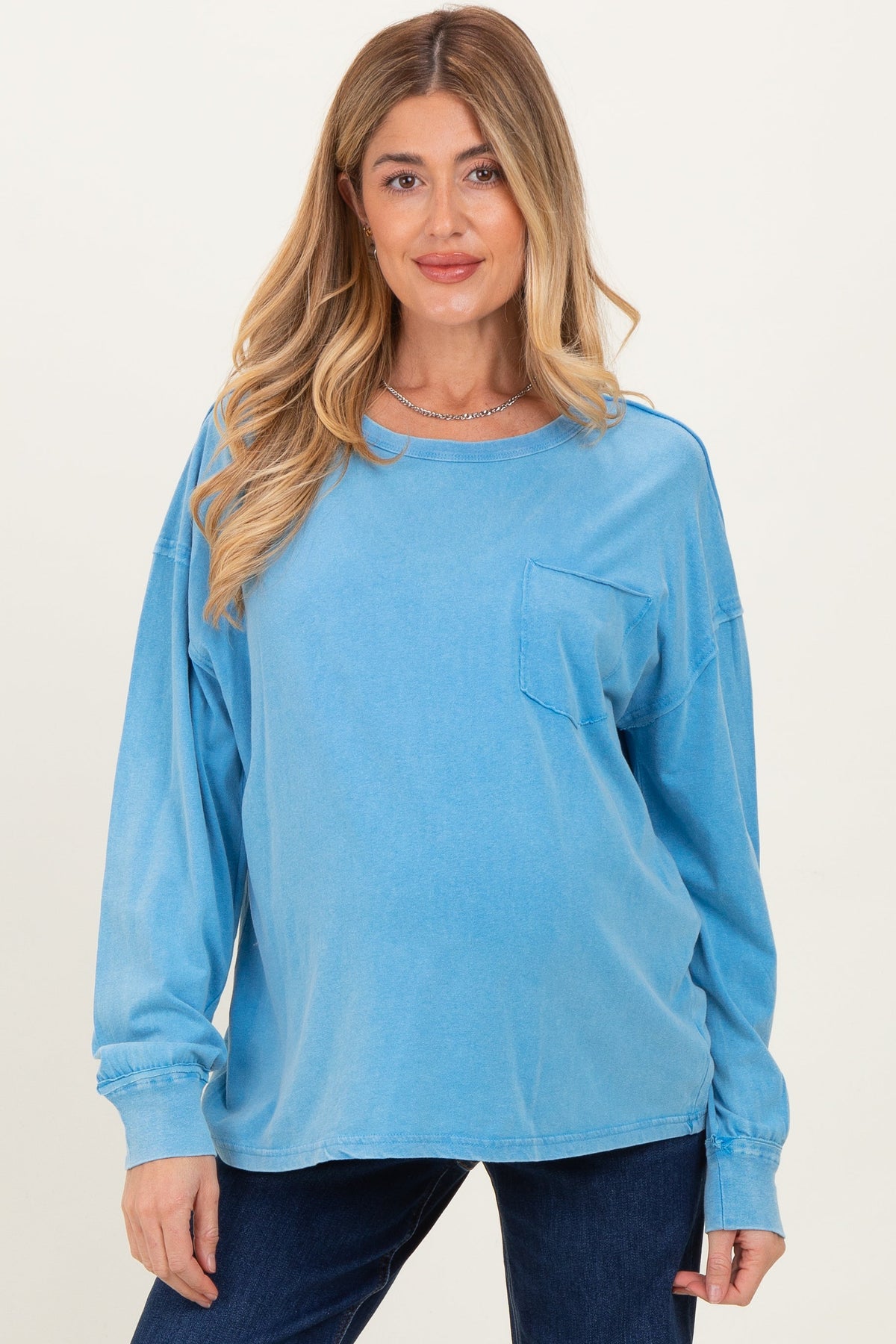 Aqua Oversized Washed Long Sleeve Pocket Maternity Top