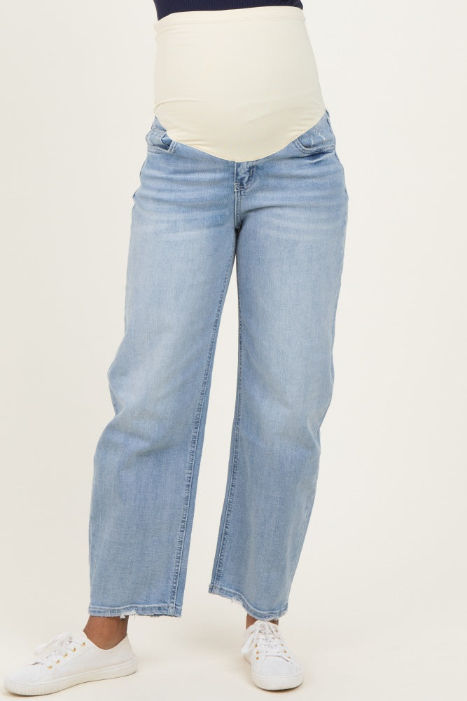 Light Blue Distressed Barrel Leg Maternity Jeans