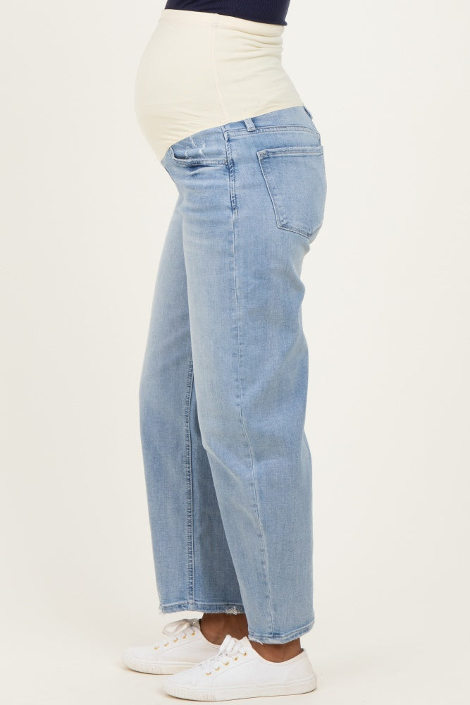 Light Blue Distressed Barrel Leg Maternity Jeans