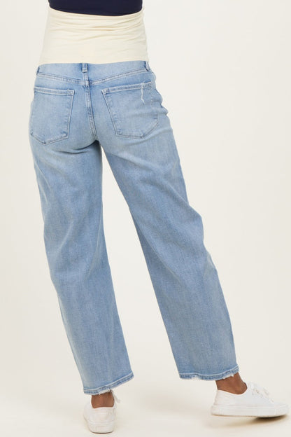 Light Blue Distressed Barrel Leg Maternity Jeans