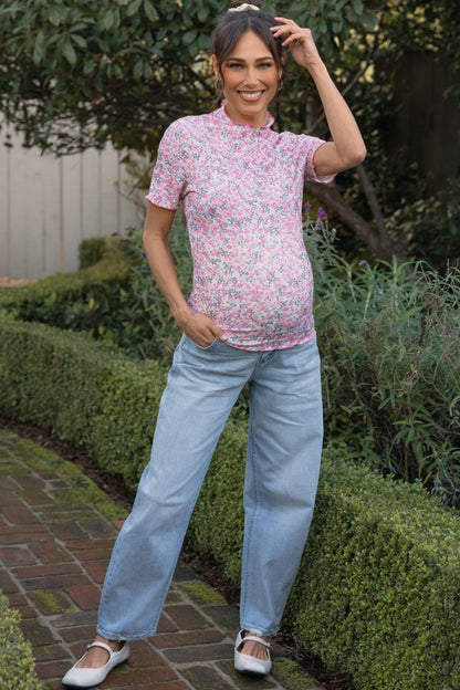 Light Blue Distressed Barrel Leg Maternity Jeans