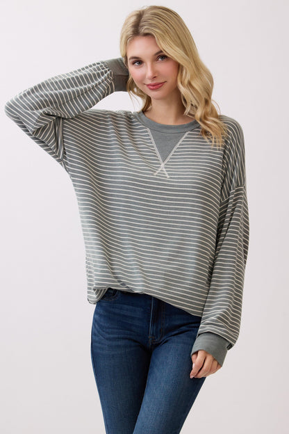 Olive Striped Crew Neck Pullover Maternity Top