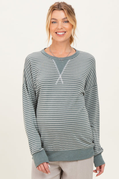 Olive Striped Crew Neck Pullover Maternity Top