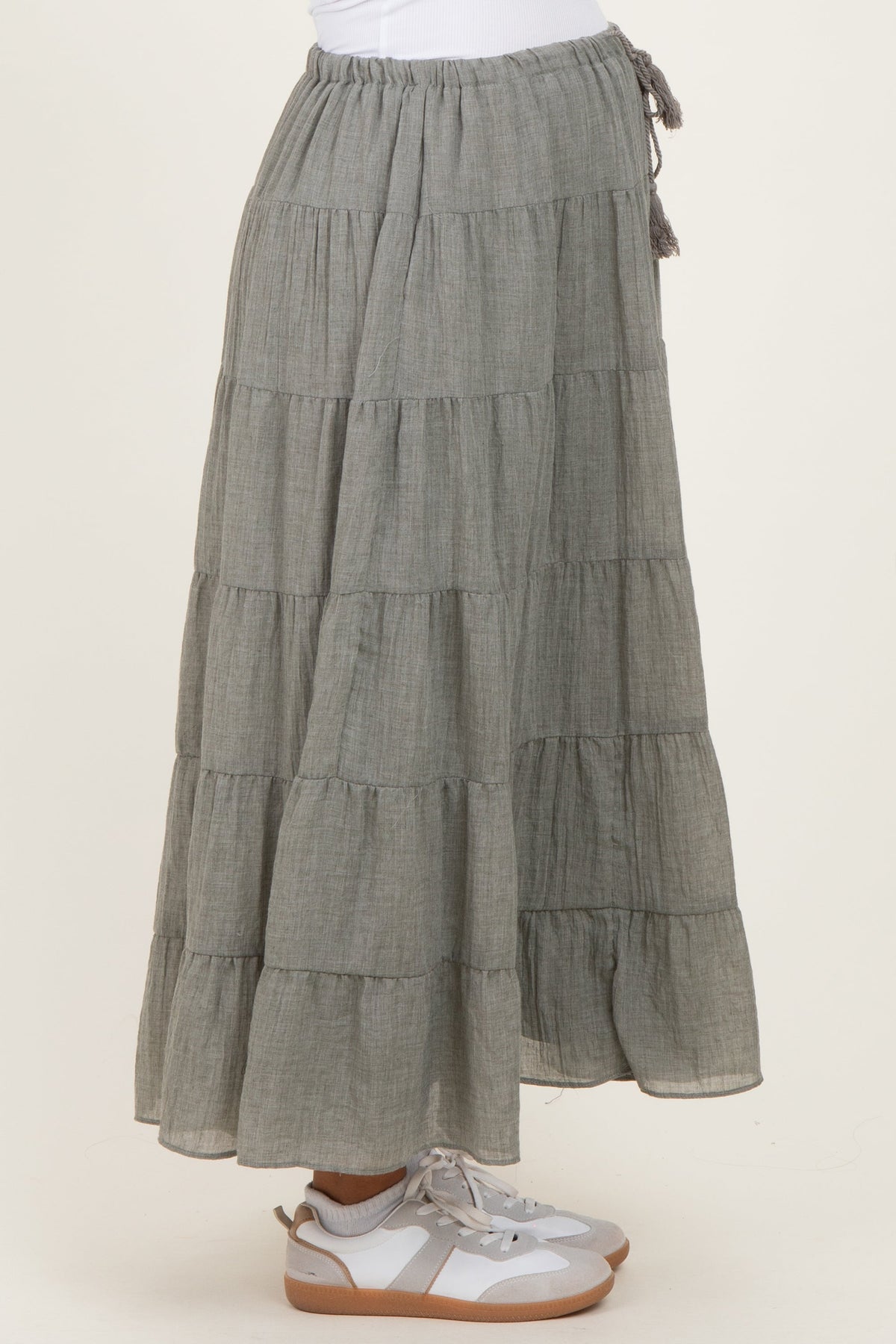 Light Olive Tiered Drawstring Maternity Maxi Skirt