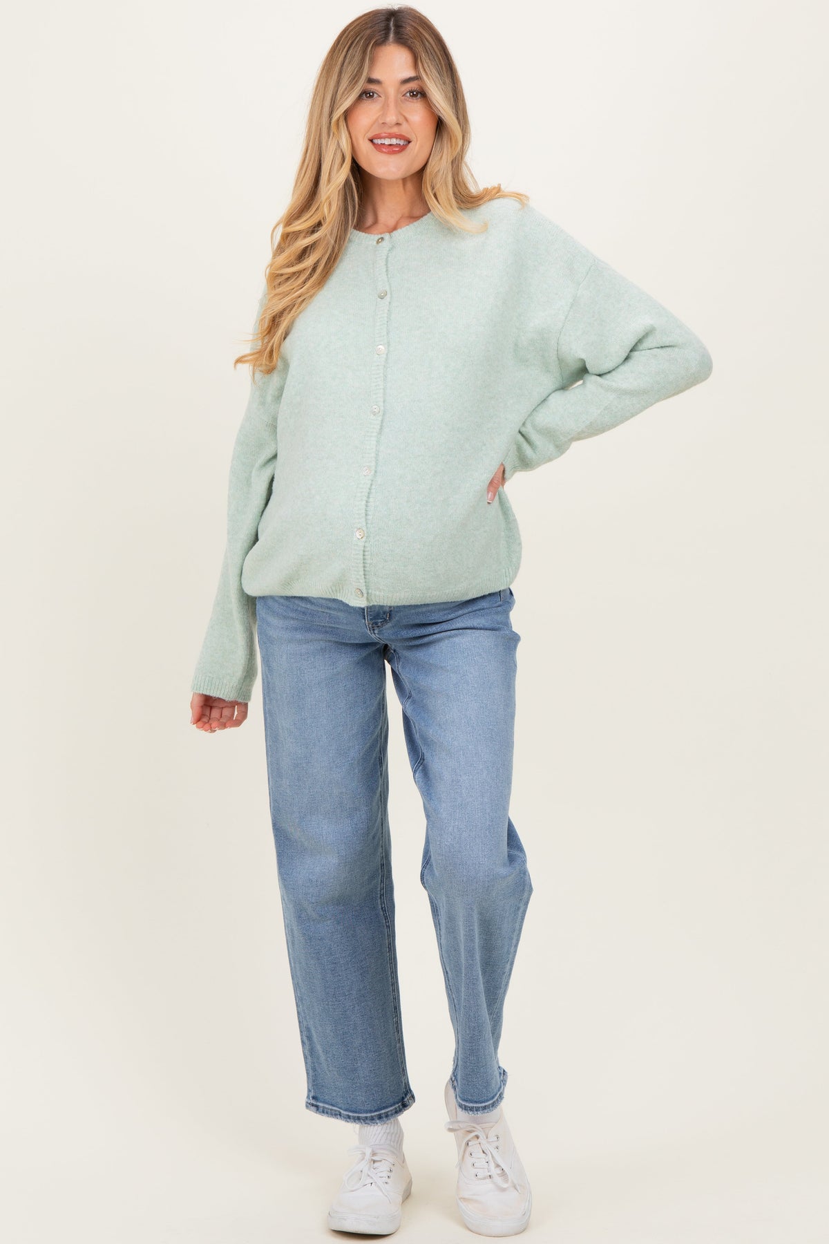 Mint Classic Crew Neck Maternity Button Cardigan