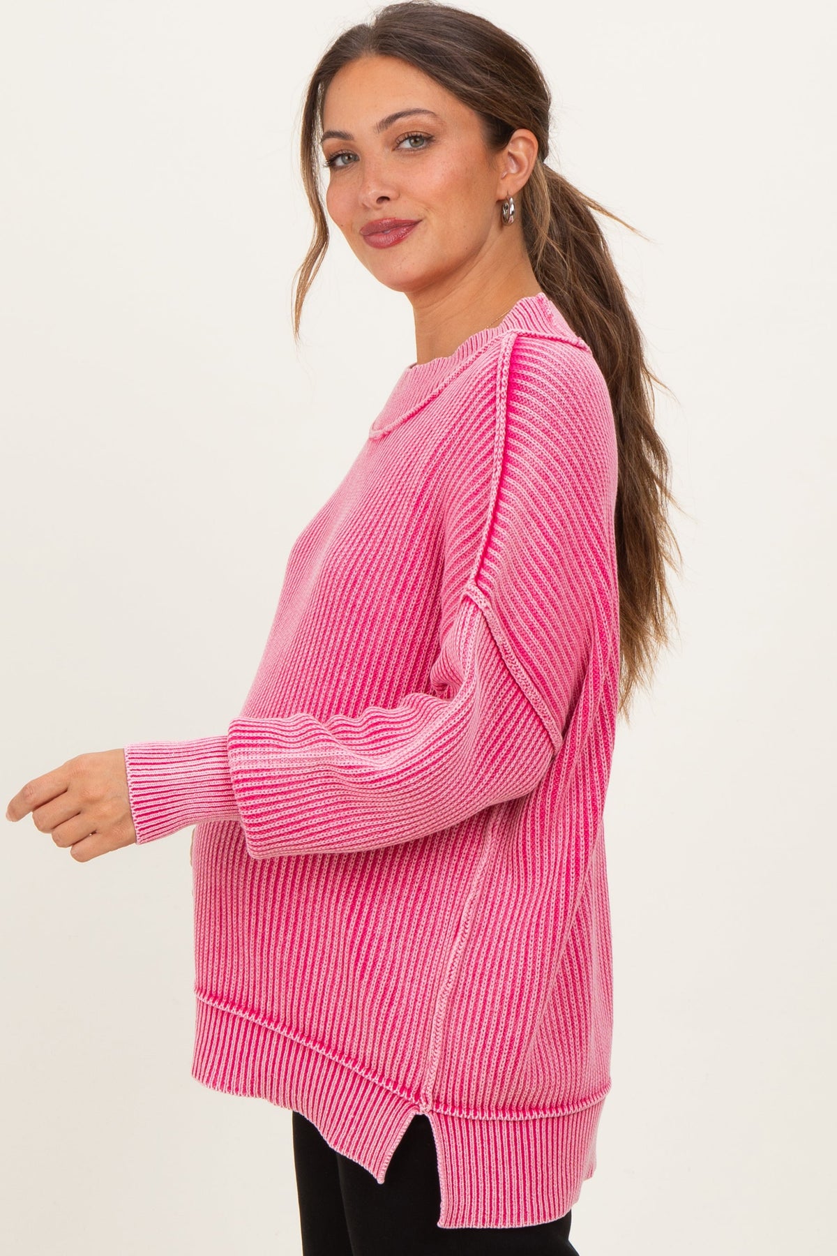 Hot Pink Washed Side Slit Oversized Maternity Sweater