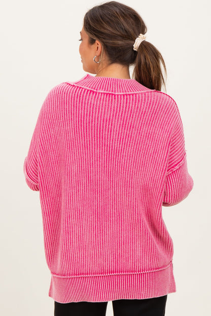Hot Pink Washed Side Slit Oversized Maternity Sweater