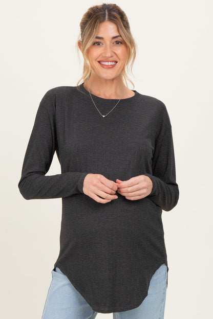 Charcoal Long Sleeve Round Hem Textured Maternity Top
