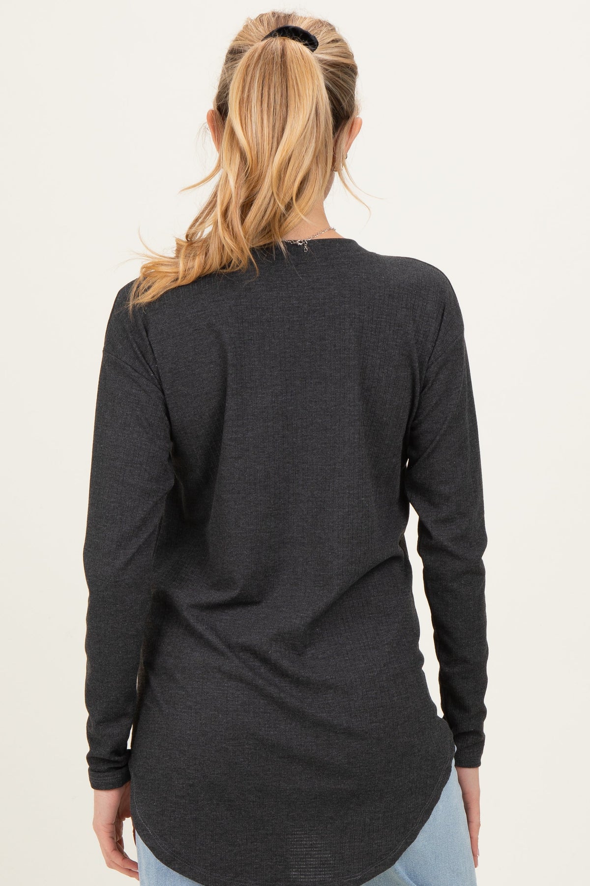 Charcoal Long Sleeve Round Hem Textured Maternity Top