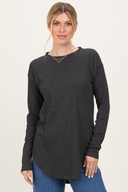 Charcoal Long Sleeve Round Hem Textured Maternity Top
