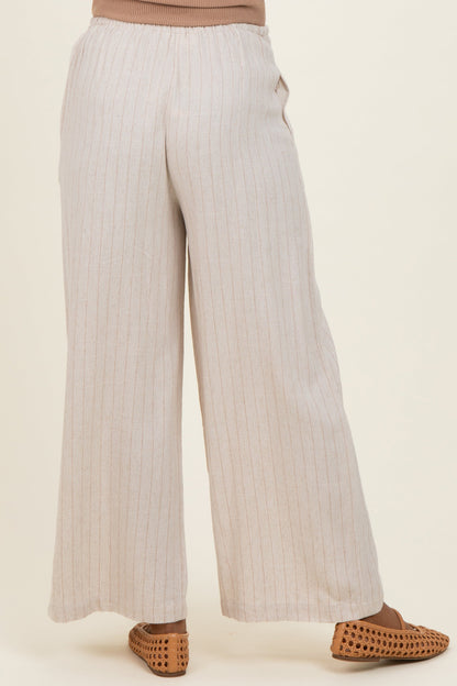 Oatmeal Pinstripe Drawstring Maternity Linen Pants