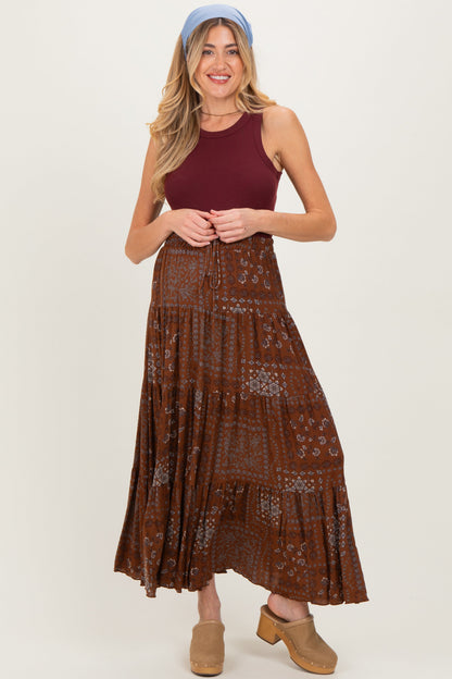 Brown Printed Tiered Maternity Maxi Skirt