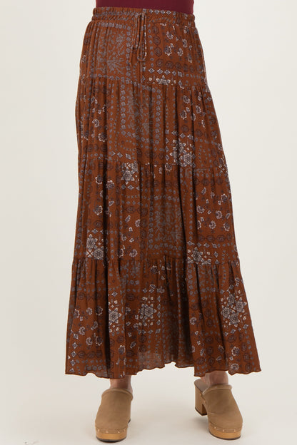 Brown Printed Tiered Maternity Maxi Skirt