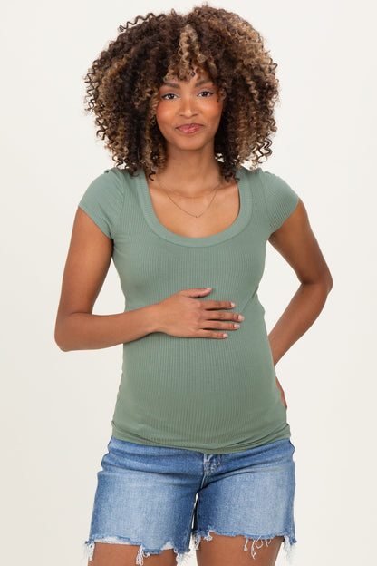 Sage Ribbed Rounded Square Neck Maternity Top