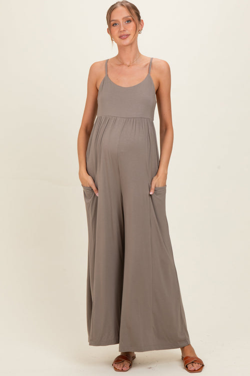 Moss Brown Sleeveless Wide Leg Maternity Jumpsuit