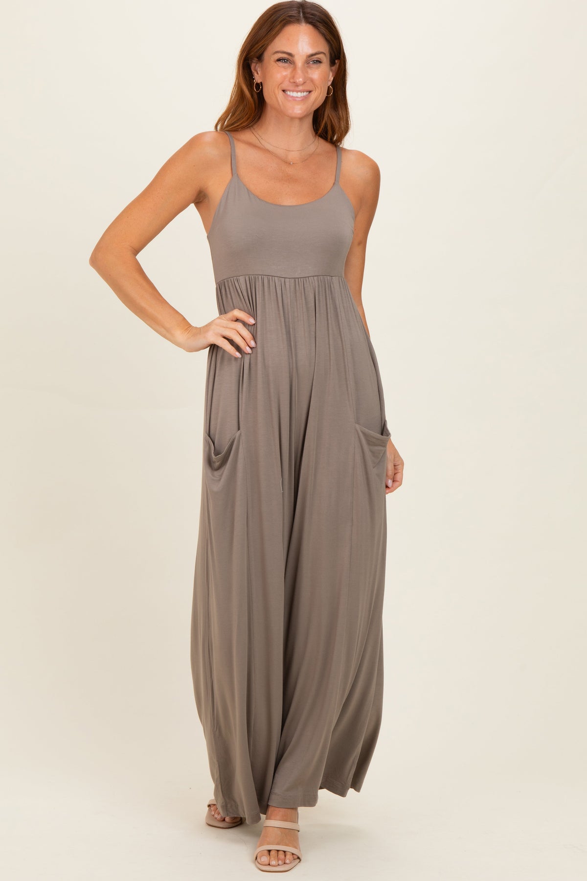 Moss Brown Sleeveless Wide Leg Maternity Jumpsuit