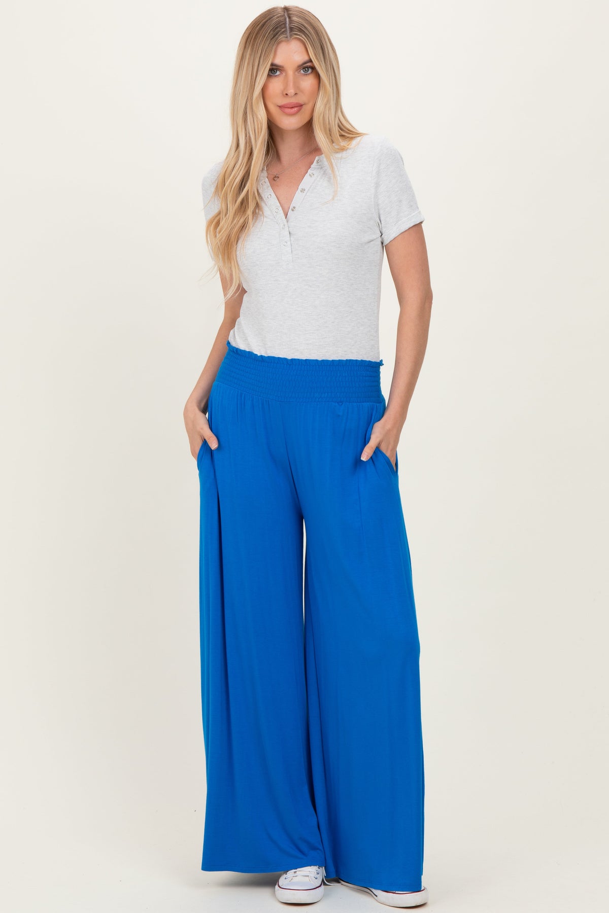 Blue Smocked Waist Wide Leg Maternity Pants