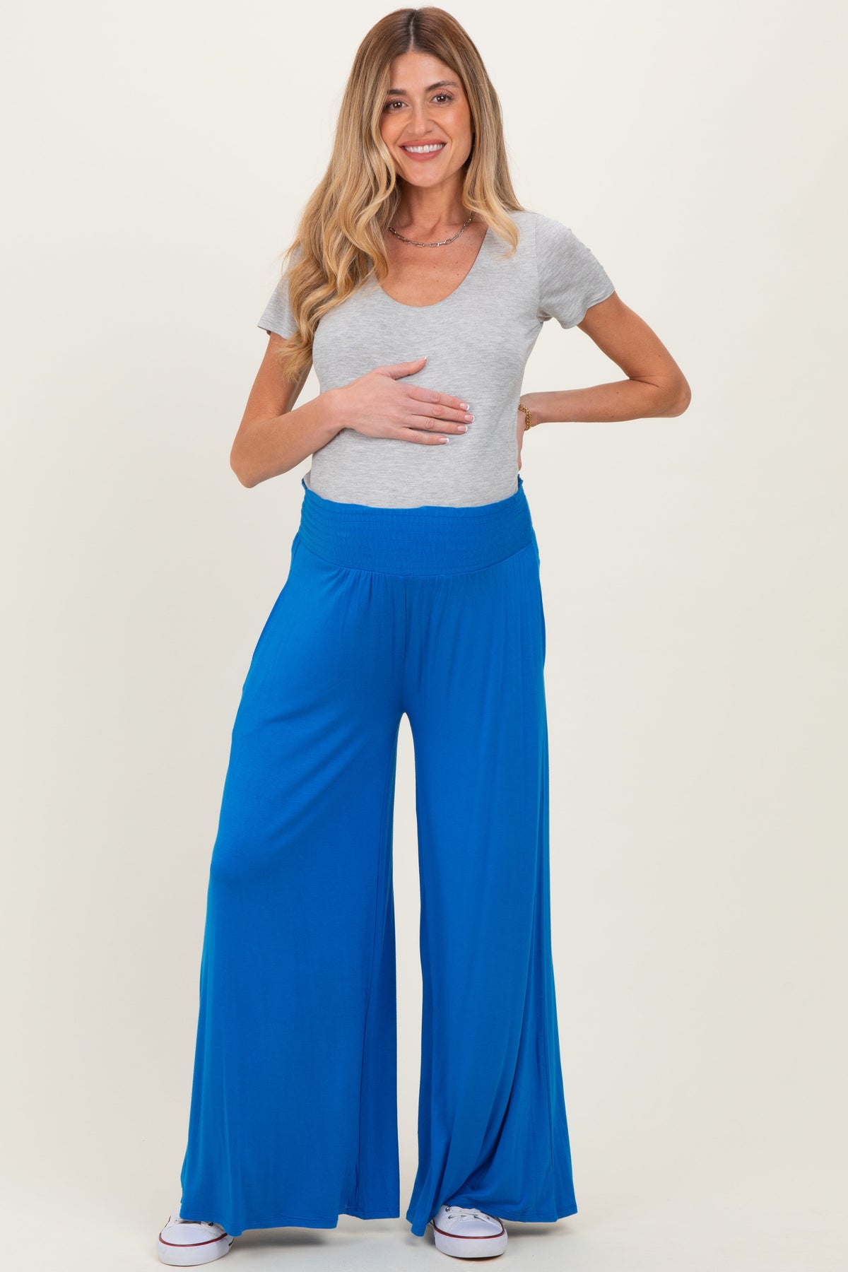 Blue Smocked Waist Wide Leg Maternity Pants